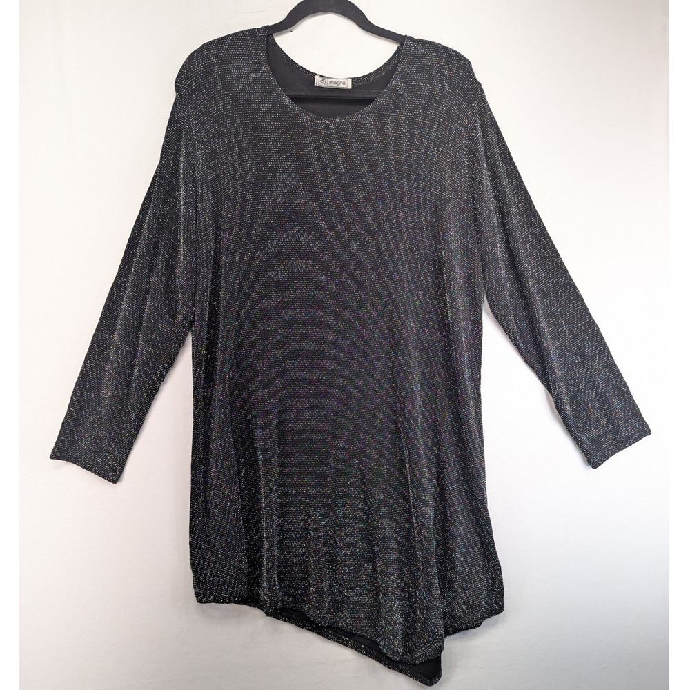 Magna Womens Black Silver Metallic Shimmer Asymmetrical Long Sleeve Top 18/20